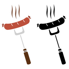 Grilled sausage on fork icon, flat style pictogram icon for ui or ux mobile app, vector illustration logo symbol design, isolated on white