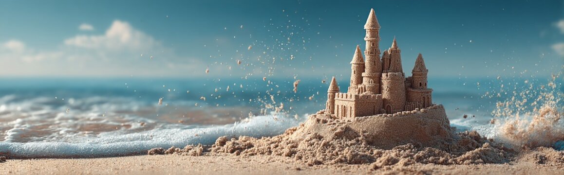 A castle is built out of sand on a beach
