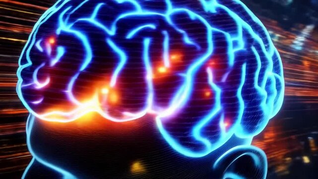 Digital human head with glowing brain activity and abstract light streaks for mental health, innovation, and technology concepts.