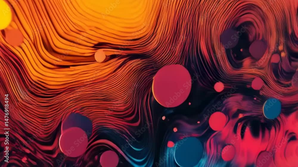 Aufkleber abstract colorful background with flowing lines and floating spheres in blue, orange, and red tones.