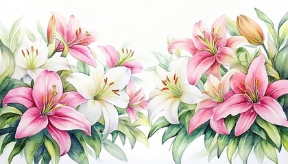 Fototapeta premium A watercolor-style illustration of lilies with a white background, featuring pink and white flowers and green leaves on both sides.