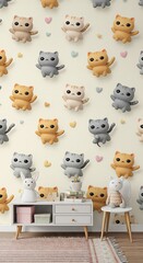 Cute Cartoon Cats Wallpaper Mural, Nursery Decor