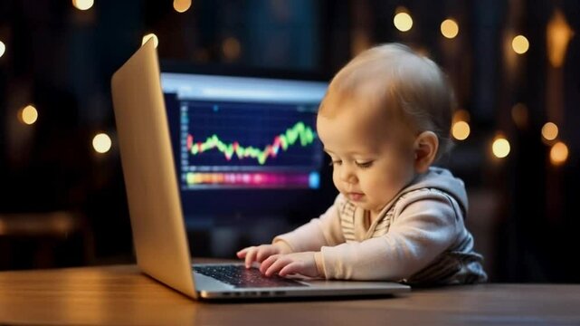 Little caucasian baby toddler sitting at the laptop, looking amazedly working and studying, dark horizontal background 4k video