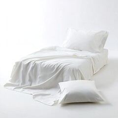 A bed with white sheets, a duvet, and two white pillows on a white background.