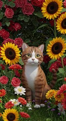 Orange Tabby Cat Amidst Sunflowers and Roses