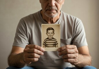 Senior man holding old picture of boy