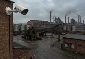 Surveillance camera overlooking an industrial site with smokestacks and gray skies in an urban landscape, showcasing pollution and factory operations