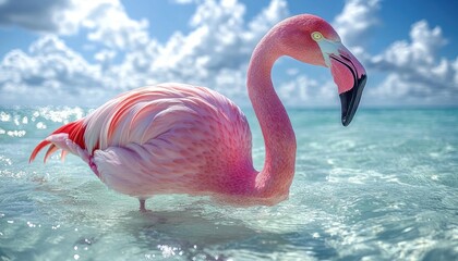 Naklejka premium A flamingo stands gracefully in shallow turquoise water with fluffy white clouds. Perfect for travel ads, wildlife projects, and tropical themed designs.