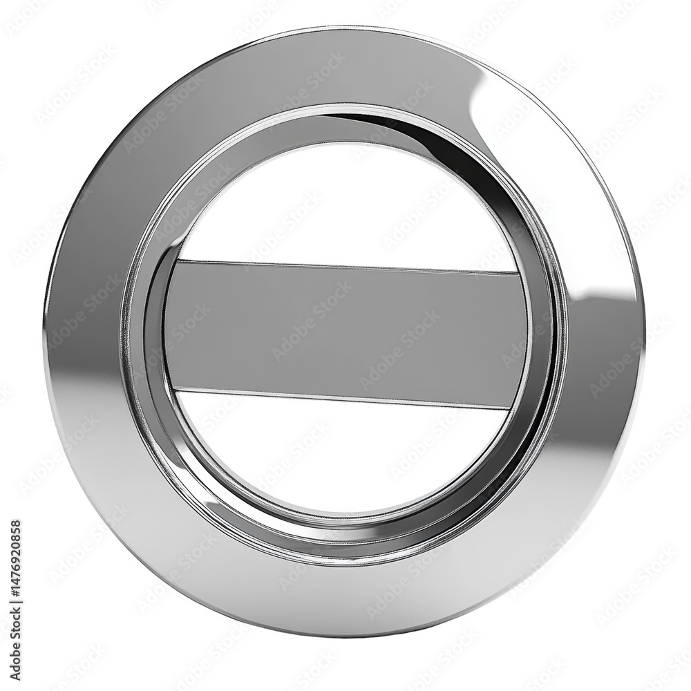 Poster chrome circle emblem with reflective surface and central bar on transparent canvas