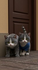 Two Grey Tabby Cats Sitting by Doorway