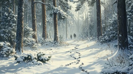 Winter forest path with snow-covered trees and footprints.