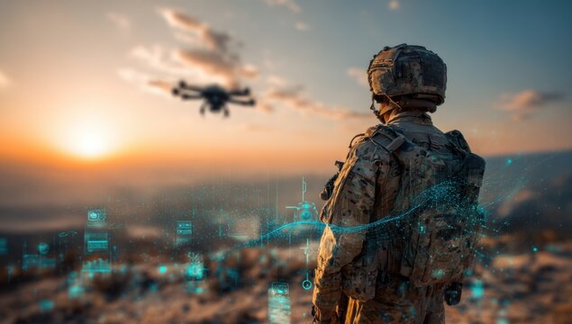Soldier drone technology military battlefield sunset