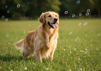 Happy Golden Retriever Puppy Playing with Bubbles in Green Grass