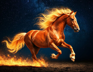 Fire horse on a dark starry background. Symbol of the 2026 new year. Generated by AI.