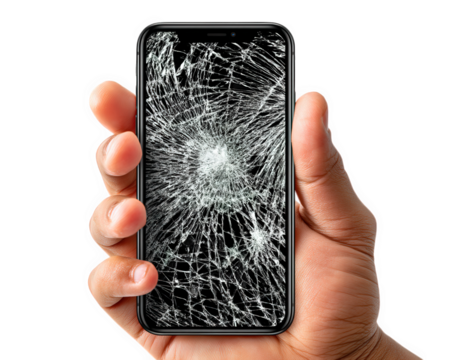 person holds smartphone with shattered screen, showcasing damage clearly. image evokes feelings of frustration and disappointment, highlighting vulnerability of mobile devices