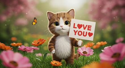 Adorable Kitten Holding Love Sign in Flower Garden