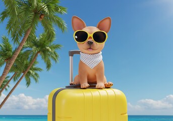 Cute Dog on Suitcase, Tropical Vacation