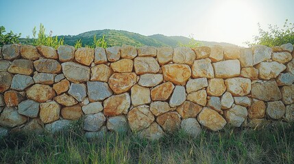 Stone wall with green hill, grass, and sunlight background