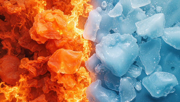 Abstract representation of fire and ice with contrasting colors  