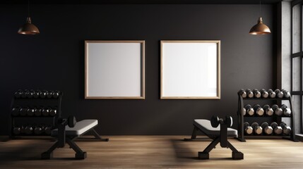 Modern Gym Interior with Two Blank Framed Posters Above Dumbbell Rack on Dark Wall – 3D Rendering for Fitness Center Design, Workout Space Inspiration, and Athletic Decor Ideas