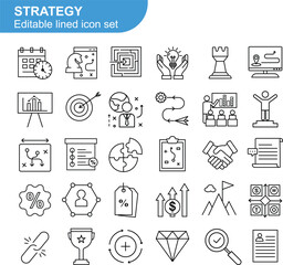 Strategy Icon Set. Business Planning, Marketing Tactics, Goal Setting, Analysis, Leadership, Success Icon Vector Illustration