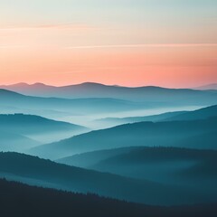 Obraz premium Hazy Sunrise Over Hills with Pastel Fog