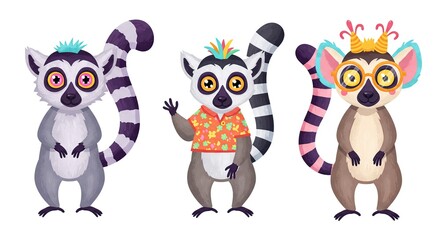 Obraz premium Three Cute Lemurs Cartoon Illustration Set