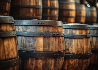 Rows of wooden barrels with metal bands in a wine cellar storage area.