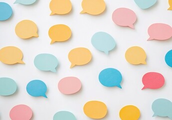 A white background with scattered pastel-colored speech-bubble stickers.
