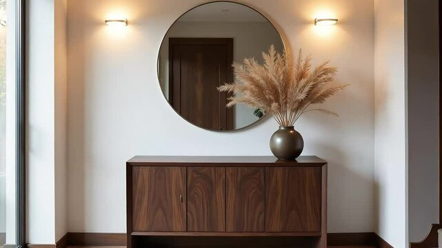 Modern entryway design ideas: wood cabinet, round mirror, and stylish home decor inspiration
