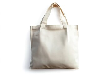 A beige canvas tote bag with two handles hanging down from the top, placed against a pure white background.