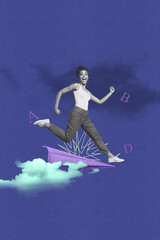 Obraz premium Collage of determined person stand on paper plane with flying letters and clouds representing study learning journey