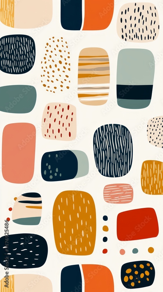 Poster abstract pattern with earth tone geometric shapes on cream background featuring a blend of teal oran