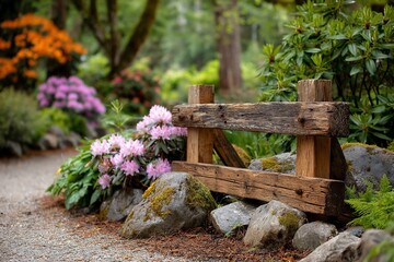 Rustic garden path with flowers and a wooden fence