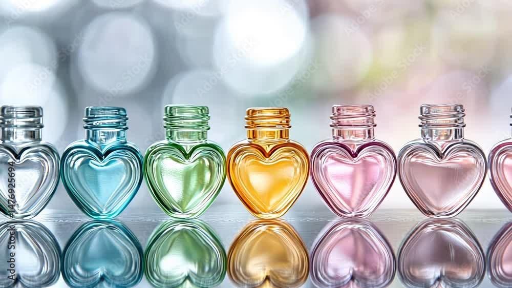 Poster colorful heart shaped bottles in a row with bokeh background.