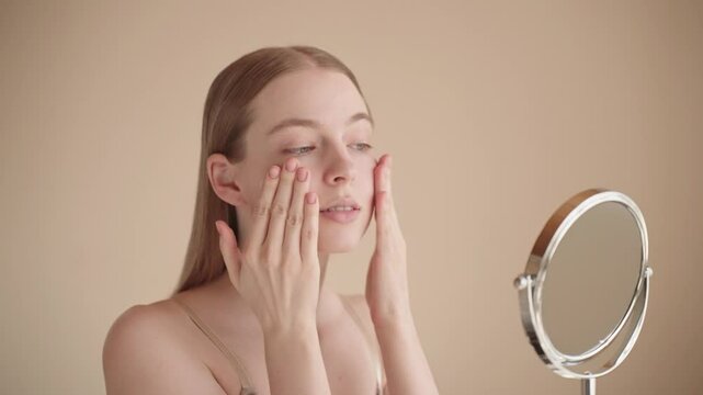 Young attractive woman applying face cream with SPF protection while looking in the mirror. Morning skincare routine at home. Concept of sun protection, healthy skin, natural beauty, and self-care.