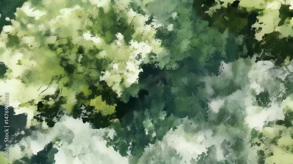 Aufkleber looking up through a tranquil canopy of deciduous trees with soft green leaves and sunlight filterin