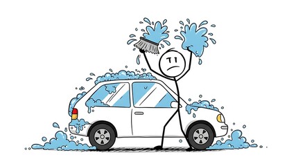 Frustrated stick figure cleaning a car with excessive soap and water bubbles