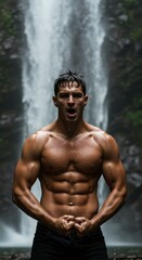 Muscular Man Posing in Front of a Waterfall Displaying Fitness Strength and Physical Prowess