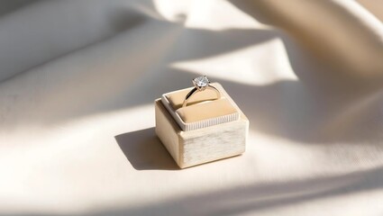Small Beige Velvet Ring Box Holding a Delicate Solitaire Engagement Ring on Smooth Linen Surface in Soft Diffused Lighting
