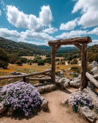 Fototapeta premium Scenic vista with wooden archway and wildflowers