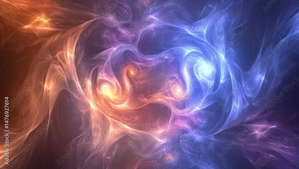 Poster abstract swirling vortex with orange blue and purple hues in a dynamic cosmic energy flow with intri