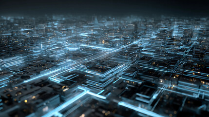 Digital tech city with floating AI text, grid systems glowing