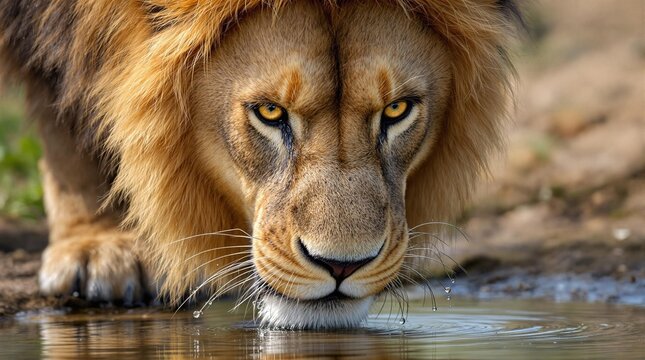 Le&atilde;o majestoso bebendo &aacute;gua em po&ccedil;o natural durante a seca

