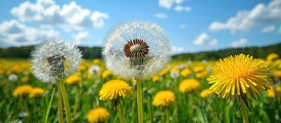 Obraz premium Dandelion Flower Field Blue Sky