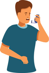 Worried man using asthma inhaler during breathing problem or asthma attack