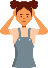 Stressed girl touching head, suffering from migraine, experiencing dizziness or having painful feelings, isolated on white background