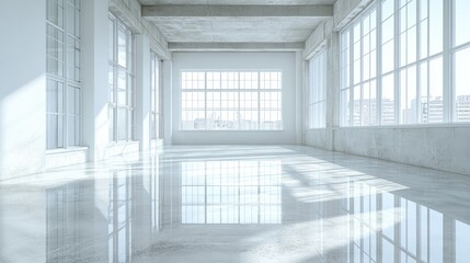 Fototapeta premium Spacious, bright loft interior with large windows.