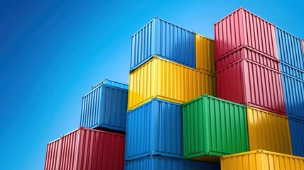 Fototapeta premium Export, trade and demand concept. Colorful shipping containers stacked against a clear blue sky, representing logistics, transportation, and global trade.