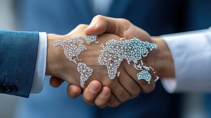 Export, trade and demand concept. A handshake between two people, with a digital world map overlay, symbolizing global partnership and collaboration.